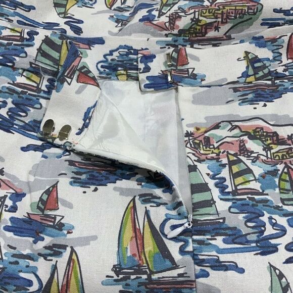 NINE WEST Linen Cotton Pencil Skirt Pockets Sailing Boat Artwork Women 12 NWT - Picture 8 of 12